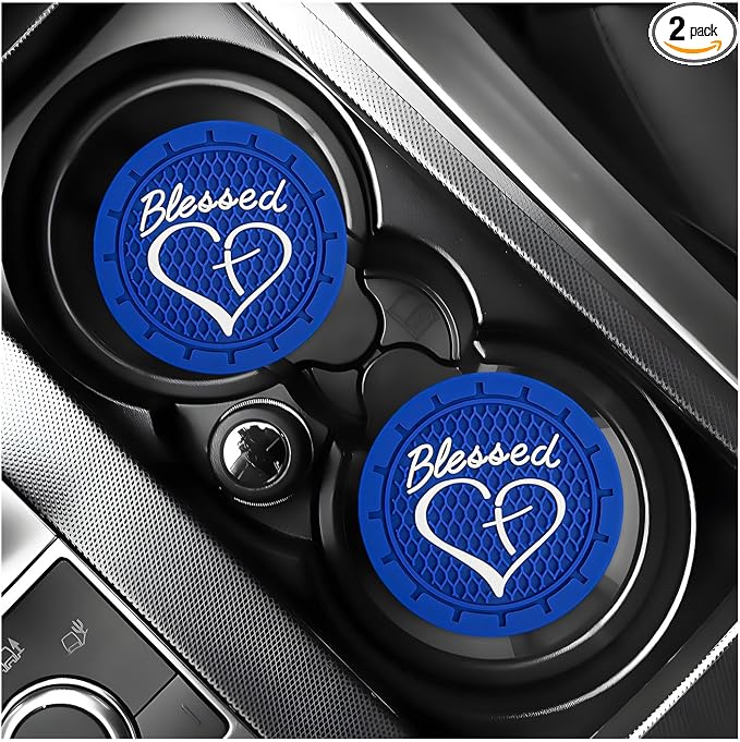 KVAEY 2 PCS Car Cup Holder Coasters, 2.76 Inch Anti Slip Vehicle Drink Mats with Cute Blessed Cross and Heart, Shockproof, Universal Car Accessories (Blue, 2 PCS)