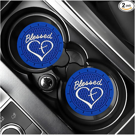 KVAEY 2 PCS Car Cup Holder Coasters, 2.76 Inch Anti Slip Vehicle Drink Mats with Cute Blessed Cross and Heart, Shockproof, Universal Car Accessories (Blue, 2 PCS)
