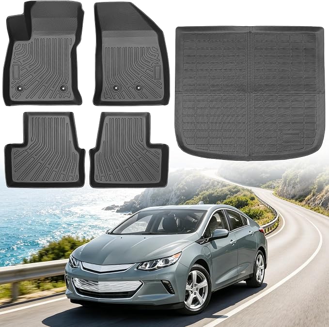 Floor Mats for Chevrolet Chevy Volt Gas & PHEV 2016-2019 | Heavy Duty TPE All Weather Protection, Waterproof Non-Slip Black Car Liners (Two-Row Floor Mats & Cargo Liner)