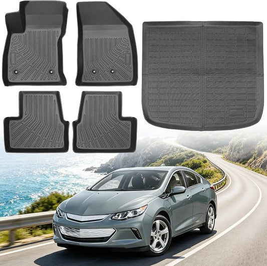 Floor Mats for Chevrolet Chevy Volt Gas & PHEV 2016-2019 | Heavy Duty TPE All Weather Protection, Waterproof Non-Slip Black Car Liners (Two-Row Floor Mats & Cargo Liner)