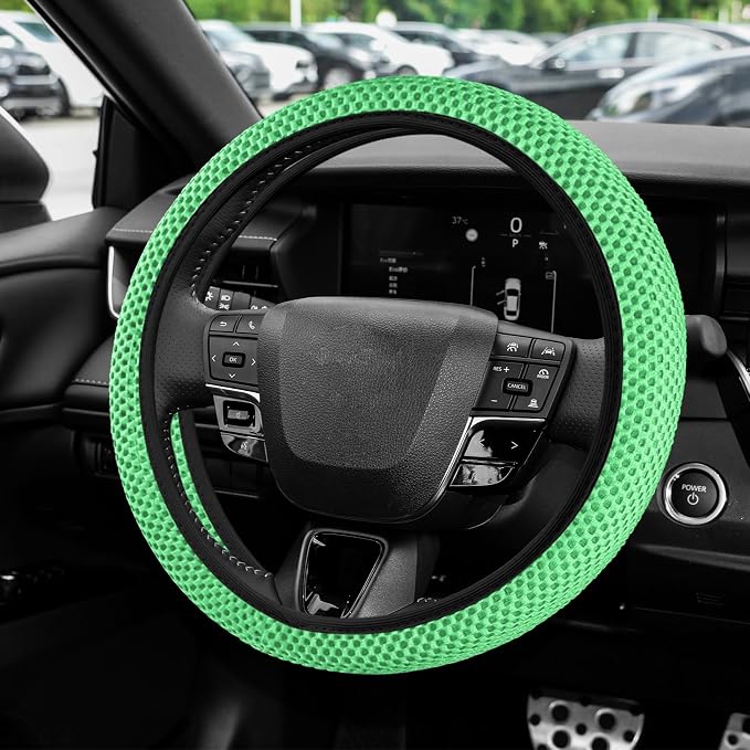 Elastic Stretch Steering Wheel Cover, Steering Wheel Protector, 15 Inch Anti-Slip Breathable Microfiber Ice Silk Protection, Easy Carry, Warm in Winter & Cool in Summer for Cars (Green)