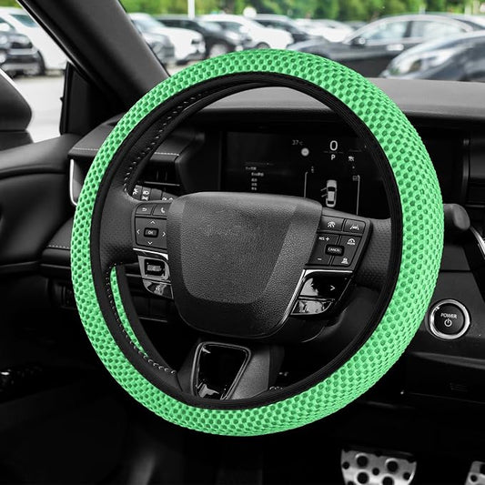 Elastic Stretch Steering Wheel Cover, Steering Wheel Protector, 15 Inch Anti-Slip Breathable Microfiber Ice Silk Protection, Easy Carry, Warm in Winter & Cool in Summer for Cars (Green)