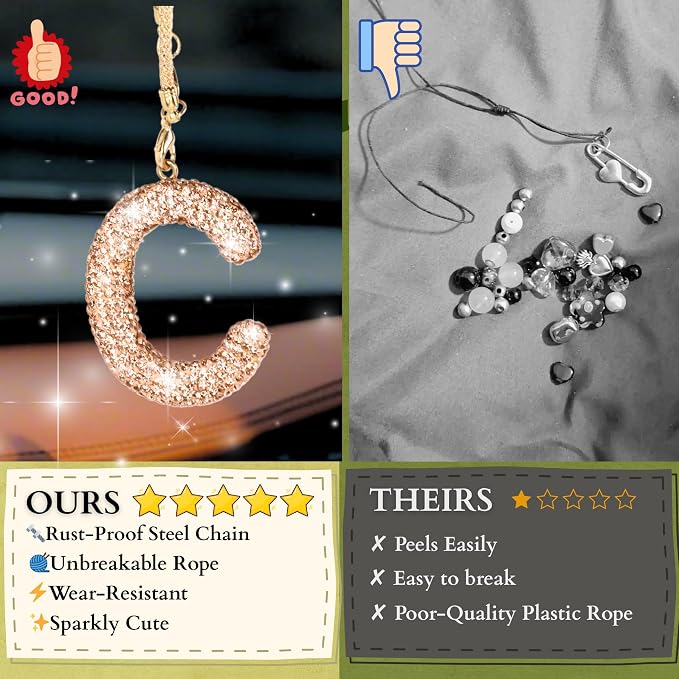 Bling Car Accessories for Women Letter Charm, Rainbow Crystal Rearview Mirror Pendant, Cute Diamond Rhinestone Car Decor, Lucky Gift for Women(C, Champagne Gold)