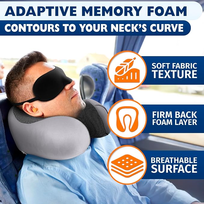 100% Memory Foam Plane Neck Pillow for Long Flights with Adjustable Button Closure – 4-in-1 Set with 3D Eye Mask, Earplugs & Washable Cotton Cover – Airplane Pillow Neck Support for Car & Train (Gray)