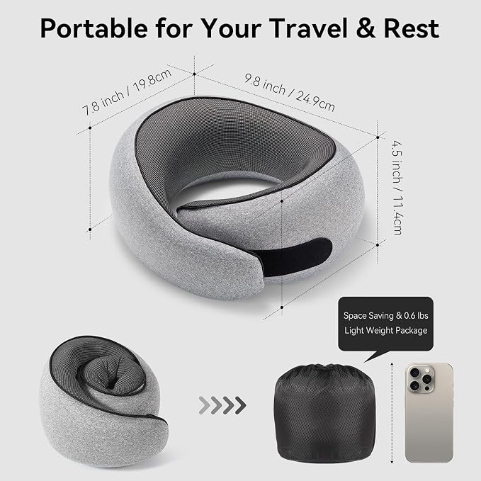 Travel Pillow, Memory Foam Neck Pillow with Ergonomic 360° Support, Travel Neck Pillow for Airplanes, Compact Design for Plane, Car & Office Travel Essentials, Grey