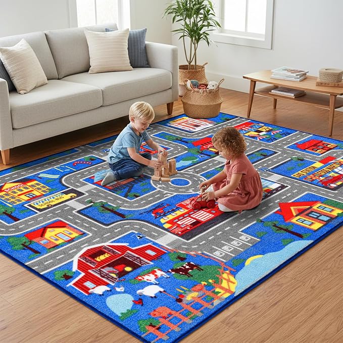 Kids Carpet Playmat Rug 59"x39.4", Car Rug for Kids Cars, Non-Slip Town City Road Map Kids Rugs for Playroom Bedroom Boys, Kids Cars Play Mat Track Road Rugs for Kid (59X39.4Inch,Blue)
