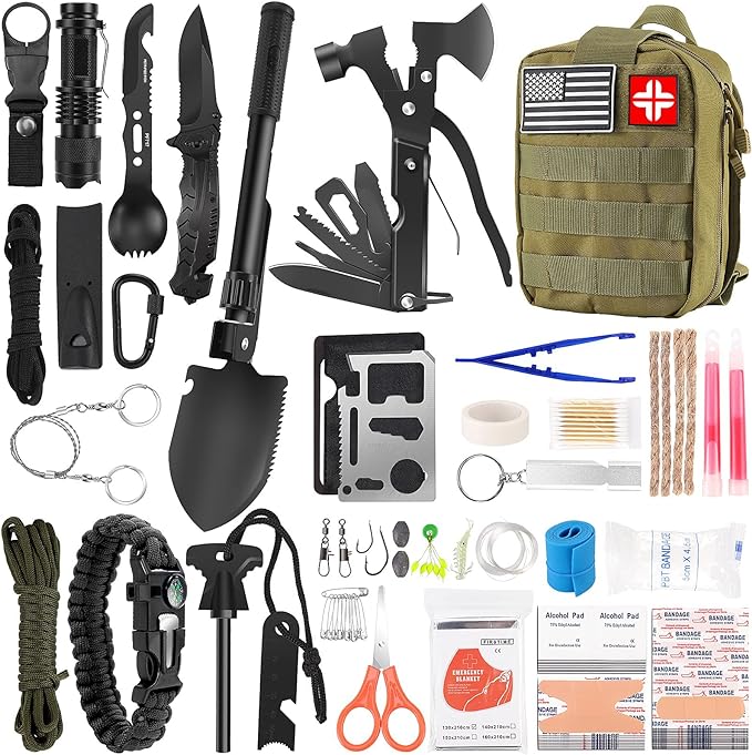 LUXMOM Survival Kit and First Aid Kit, 142Pcs Professional Survival Gear and Supplies Equipment with Molle Pouch, Gift for Fathers Day Men Dad Husband Camping Hiking Hunting Outdoor Adventure