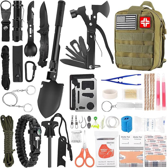 LUXMOM Survival Kit and First Aid Kit, 142Pcs Professional Survival Gear and Supplies Equipment with Molle Pouch, Gift for Fathers Day Men Dad Husband Camping Hiking Hunting Outdoor Adventure