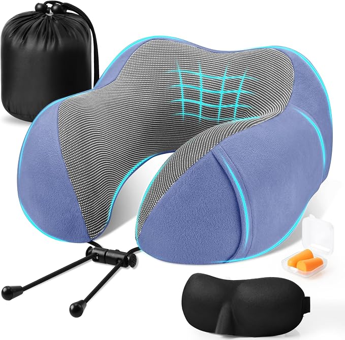 CloudBliss Travel Pillow for Airplane, Memory Foam Neck Pillow for Travel, Compact Flight Pillow with Eye Mask, Earplugs, Carry Bag, Travel Neck Pillow for Long Flight Sleep, Plane Accessories, Blue