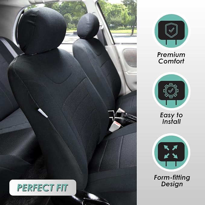 FH Group Car Seat Covers Sports Fabric Three Row Set Black Automotive Seat Covers, Airbag and Split Rear Car Seat Cover Universal Fit Interior Accessories for Cars Trucks and SUV Car Accessories