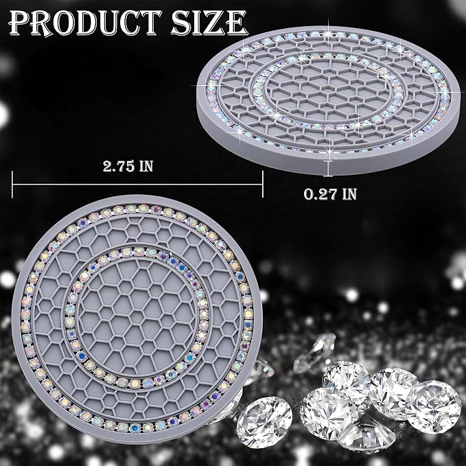 2PCS Bling Crystal Rhinestone Cup Holder Coaster, 2.75 inch Soft Silicone Anti-Slip Shockproof, Car Cup Holder Insert Coasters, Universal Car Interior Accessories for Women (Gray & Colorful)