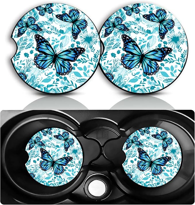 Butterfly Car Cup Holder Coasters Set of 2 – Fun Butterfly Car Accessories 2.75" Universal Size Anti Slip Rubber Mat Recessed Auto Insert Coasters Decor Butterflys Gifts for Women Men Dad Grandpa
