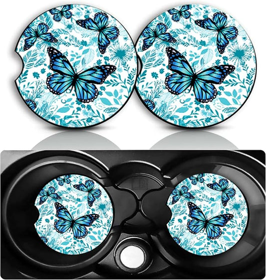 Butterfly Car Cup Holder Coasters Set of 2 – Fun Butterfly Car Accessories 2.75" Universal Size Anti Slip Rubber Mat Recessed Auto Insert Coasters Decor Butterflys Gifts for Women Men Dad Grandpa