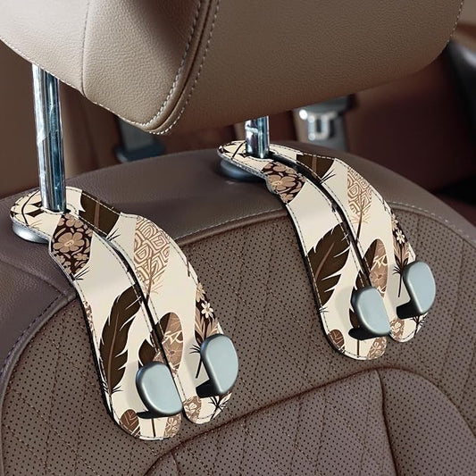 CoBak Purse Hook for Car - Universal Premium Stitched Leather and Aluminum-Magnesium Alloy Double Car Seat Back Storage Hook for Purses, Handbags, Bags (2 Pack),Feather