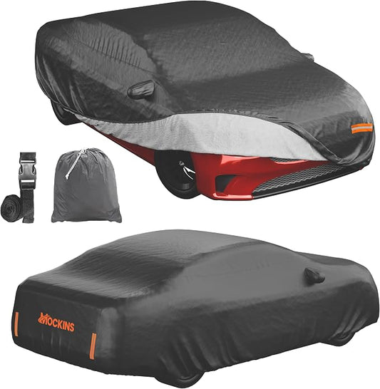 Mockins 190"x75"x47" Midsize Sedan Car Cover Waterproof All Weather Fit | Dual-Layer 250G PVC + Cotton Indoor & Outdoor Car Covers for Automobiles | Heavy Duty Full Exterior Covers with Strap & Bag