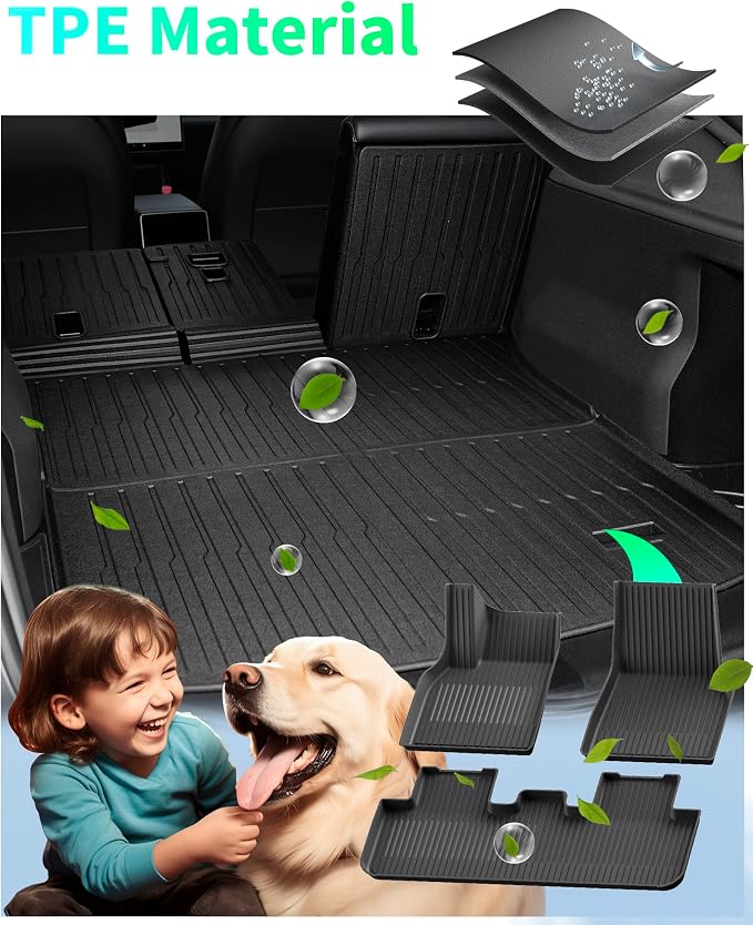 Tesla Model Y Floor Mats 2026 2025 Juniper, 8-Piece All-Weather TPE Model Y Accessories Set for Premium/Performance 5-Seat, Cargo Liner, Frunk, Trunk & Seat Back Protector