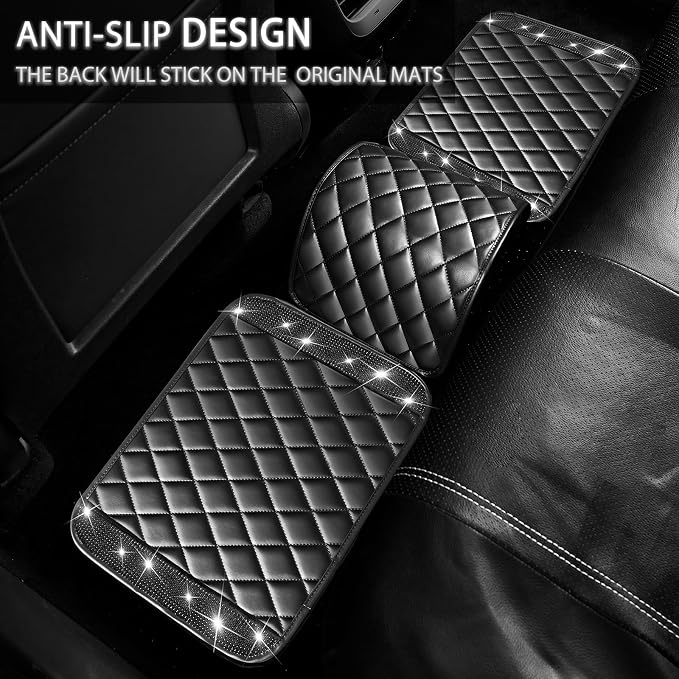 NBTEPEM Black Bling Leather Car Floor Mats Full Set, Sparkly Diamond Car Mats Universal Fit Most Automotive, Glitter Rhinestone Carpet Waterproof Anti-Slip, 5 pcs Set (Black Leather Diamond)