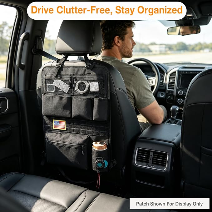 Tactical Car Seat Back Organizer with 7 Pockets and Zipper Pocket, MOLLE Seat Organizer with Hook & Loop Panel, Universal Fit for Car SUV Truck Jeep