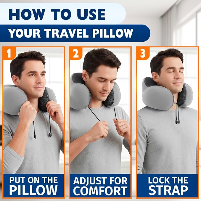 100% Memory Foam Plane Neck Pillow for Long Flights with Adjustable Button Closure – 4-in-1 Set with 3D Eye Mask, Earplugs & Washable Cotton Cover – Airplane Pillow Neck Support for Car & Train (Gray)