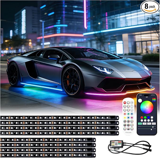 Underglow LED Lights for Cars - 8PCS RGB+IC Chasing Kit with 252 LEDs, IP67 Under Car Neon Lights with APP，Remote Control, Sound Active Multicolor Light Bar for Trucks SUVs RV, 12V Universal Fit