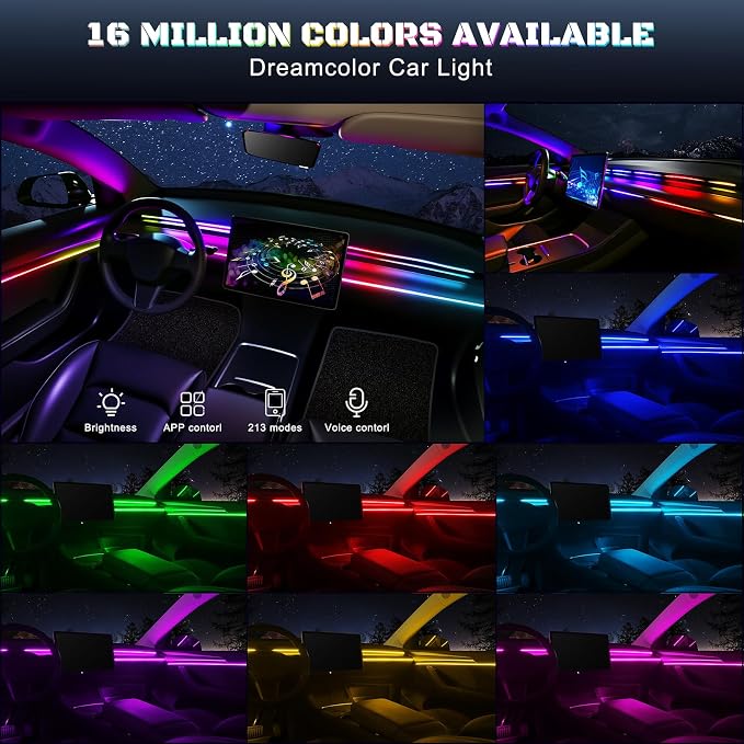 Dreamcolor Acrylic Interior Car LED Strip Light with USB/Type C/4-Port Cigarette Lighter, RGB 6 in 1 with 179.24 inches 650 LEDs Ambient Lighting Kits, Sound Active Function Neon Led Strips for Car
