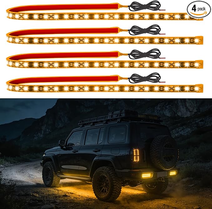 Car LED Strip Lights IP68 Waterproof Cuttable 24inch Yellow 4Pcs | 12V Footwell & Underbody Lights, 5050 SMD Beads, Interior & Exterior Light, Fits SUVs, Trucks, Motorcycles, Boats, Golf Carts