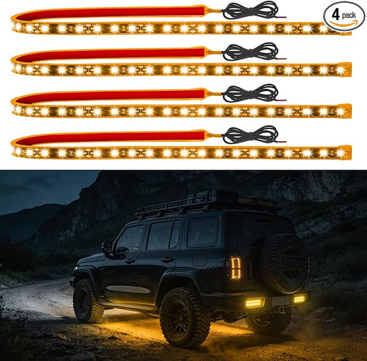 Car LED Strip Lights IP68 Waterproof Cuttable 24inch Yellow 4Pcs | 12V Footwell & Underbody Lights, 5050 SMD Beads, Interior & Exterior Light, Fits SUVs, Trucks, Motorcycles, Boats, Golf Carts