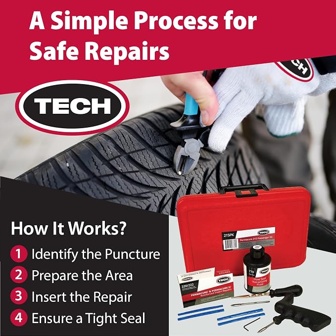 TECH Permacure Tire Repair Kit with Plugs – 50 Plugs & Tools for Permanent Tire Repair, Moisture & Air-Proof Seal, Ideal for Cars, Trucks, ATVs, Motorcycles, SUVs, & More – Portable & Compact Storage