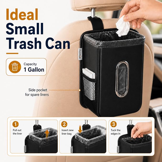 Witaxima 4 in 1 Car Tissue Holder 2 Pack with Headrest Hooks, Small Trash Can & Seat Back Organizer, PU Leather Tissue Box Cover for 120 Tissues, Trash Pockets & Hook Set, Keep Car Tidy，Black