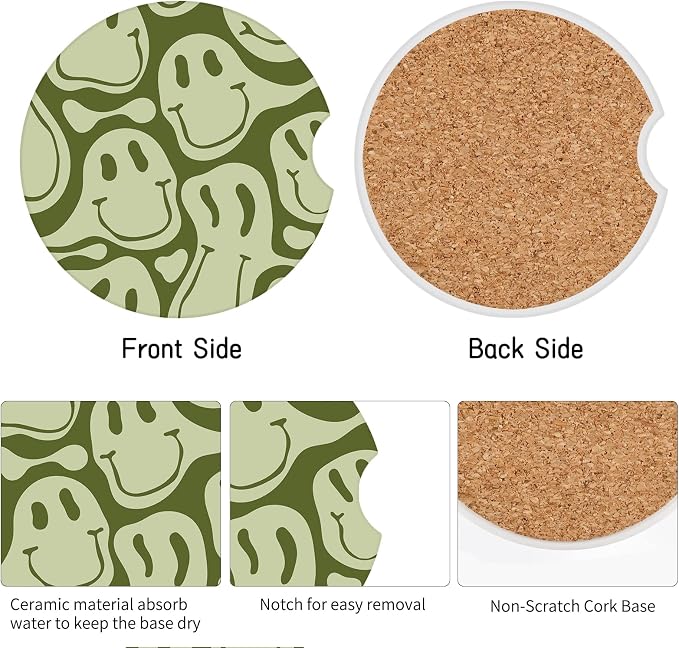 Car Coasters,Purple Smily Absorbent 2 Pack for Cup Holders with Finger Notch,2.56 inches Ceramics Heat Resistant Anti Slip Cork Base Car Drinks Coasters Auto Cup Holder(Green Smily)