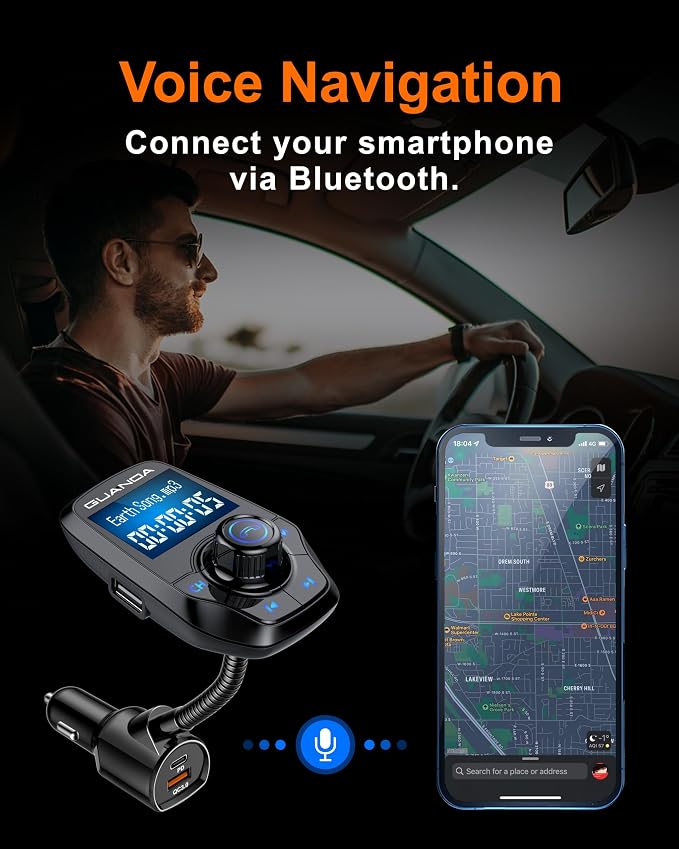 FM Transmitter Bluetooth 5.3 for Car, Bluetooth Radio Adapter Transmitter for Car, Wireless Audio Transmitter and Receiver 1.44" Display AUX in/Out SD/TF Card USB C Charger [PD 30W], GUANDA