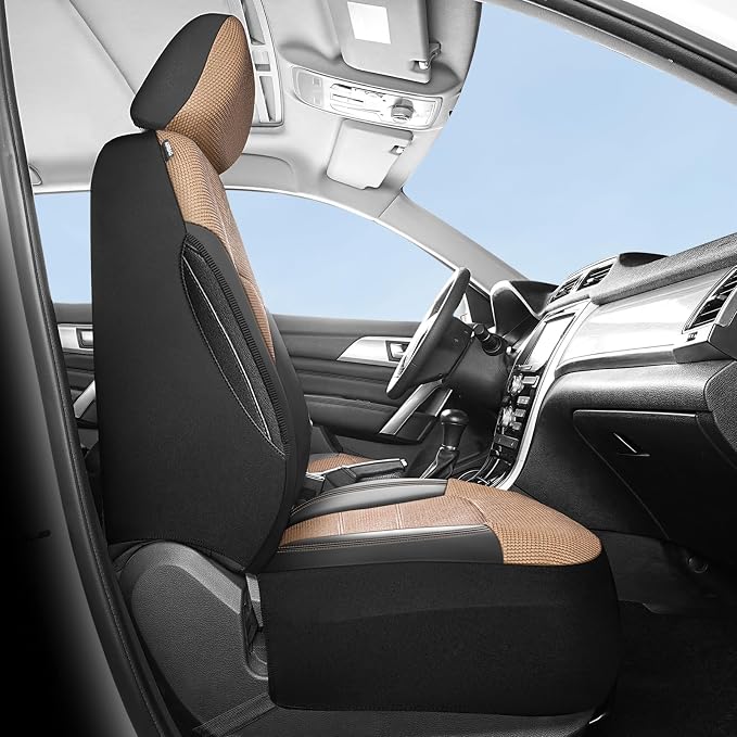 HChengkikz Front Car Seat Covers, Air Mesh, Breathable (Black + Beige) | Airbag Compatible, Automotive Comfort Protection, Universal Fit for Most Cars,Trucks,SUVs