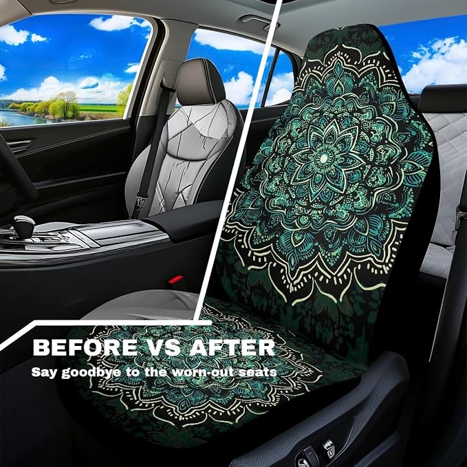 Boho Front Seat Covers for Cars, Set of 2 Green Mandala Bucket Seat Covers, Soft Breathable Polyester Seat Protectors for SUV, Truck and Sedan