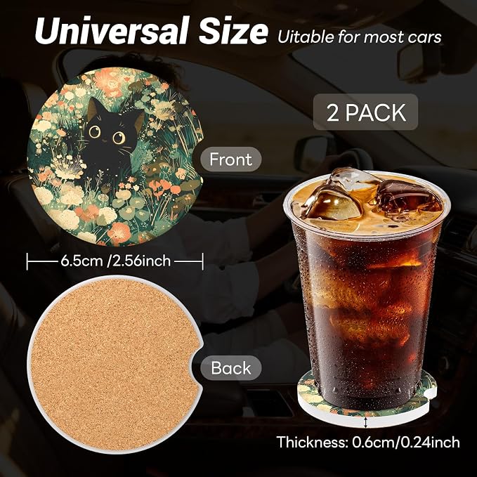 2 Pack Ceramic Car Coasters for Cup Holder, 2.56 in Anti Slip Absorbent Coaster with Cork Base and Finger Notch, Funny Cute Car Accessories for Women, One Cat