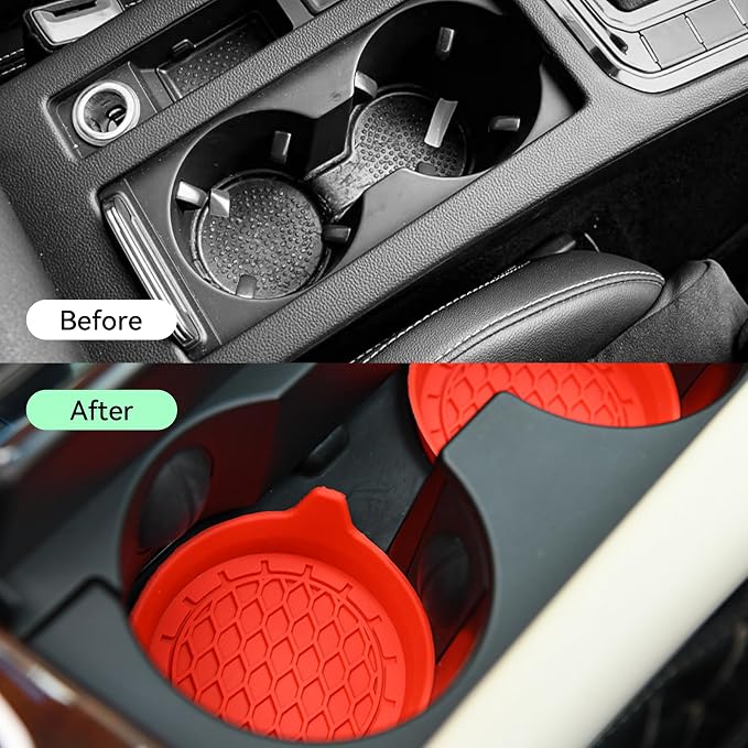 4PCS Car Cup Holder Coasters, Silicone Non-Slip Vehicle Cup Recessed Mats, Sift-Proof Automotive Interior Drink Insert Decor Accessories, Universal for SUV, Sedan, Truck (Red)