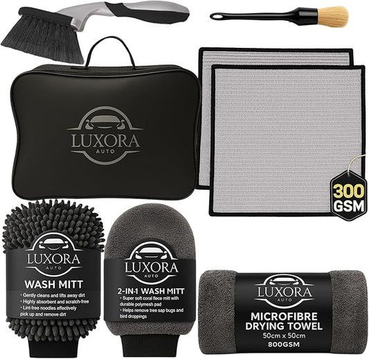 Car Cleaning Kit for Men | Premium Car Wheel Cleaning Brush, 300GSM Microfibre Waffle Weave Towels, 800GSM Coral Fleece Car Drying Towel