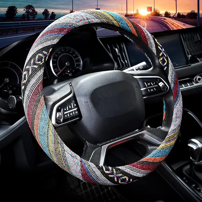 Valleycomfy Boho Steering Wheel Covers for Women Cloth Bohemian Universal | 15 inch Baja Blanket Enthic Grey
