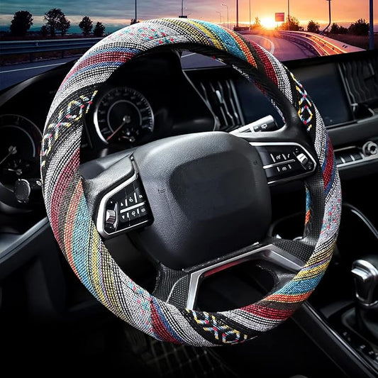 Valleycomfy Boho Steering Wheel Covers for Women Cloth Bohemian Universal | 15 inch Baja Blanket Enthic Grey