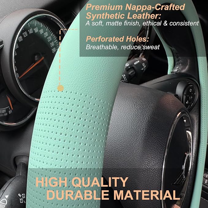 PINCTROT Nappa Leather Steering Wheel Cover, Slim Fit No Bulk Design, One Piece Leather with Breathable Perforation, Fit Like Gloves, Universal 14.5-15 Inch(Nappa Mint)