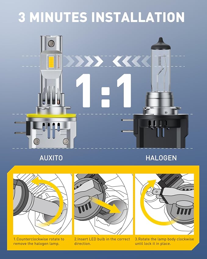 AUXITO Upgraded H11B Bulb, 16000LM 3000K Amber Yellow Light, 1:1 Mini Size No Adapter Needed, 3 Min Quick Install, No Flicker, 99% Compatibility, Pack of 2