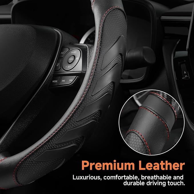 West Llama Carbon Fiber Leather Steering Wheel Cover with Anti-Slip Grip, 3D Textured Design, 14.5-15 Inch Car Steering Wheel Cover, Durable Interior Accessory（Standard Size-Black+Red