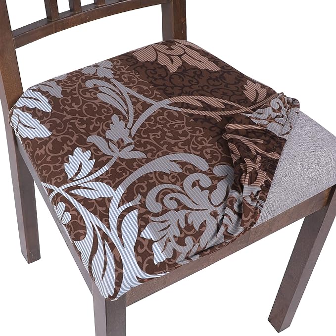 SearchI Seat Covers for Dining Room Chairs Stretch Printed Chair Seat Covers Set of 8, Removable Washable Upholstered Chair Seat Protector Cushion Slipcovers for Kitchen, Office(Brown+Flower)