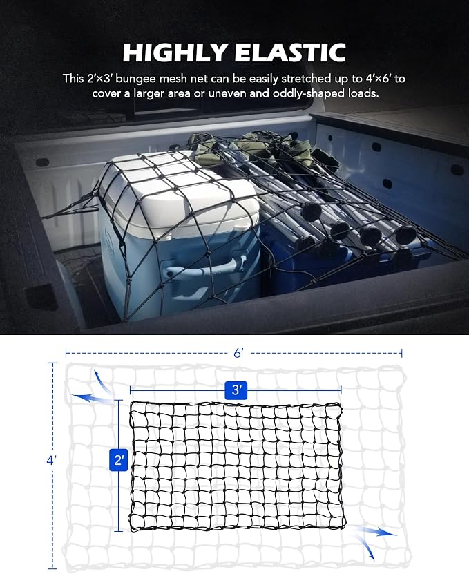 OMT 2x3ft Flat Webbing Cargo Net for Roof Rack & SUV Basket, 2x2in Mesh | 10 Aluminum Carabiners; Premium Polypropylene; Includes Ratchet Strap & Pouch; Anti-Tangling; Weather Resistant Construction