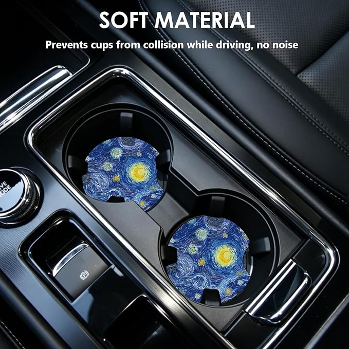 2 Pack Car Coasters，2.75-inch Neoprene Non-Slip Cup Holder Coasters for Car，Cute Car Interior Accessories for Men and Women，Blue Moon