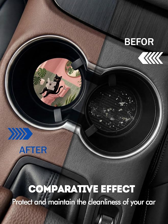 WOCOCN Car Coasters for Cup Holders - 2 Pack 2.75" Universal Rubber Car Cup Coaster, Non-Slip Waterproof Car Interior Accessories, Cute Car Decor Gifts for Women and Men (Toilet Cat)