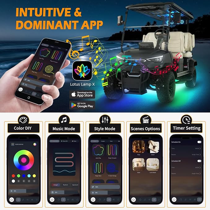 DREAMOTOR 4PCS Golf Cart Underglow LED Light Strip Dream Color Neon Accent Lighting Kit APP/Remote Control Sound Active Music Sync Waterproof 12V-65V Input Compatible with EZGO Yamaha Club Car