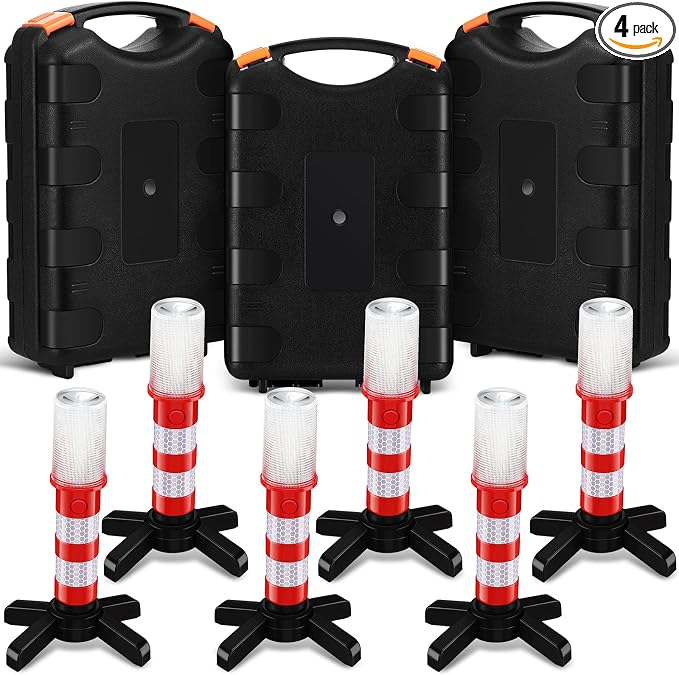 Riakrum 4 Pcs Emergency Roadside Flares Bulk Kit LED Safety Strobe Road Warning Light Bright Red Safety Beacon Strobe Light Roadside Flare Magnetic Base Detachable Stand Vehicle (Batteries Excluded)