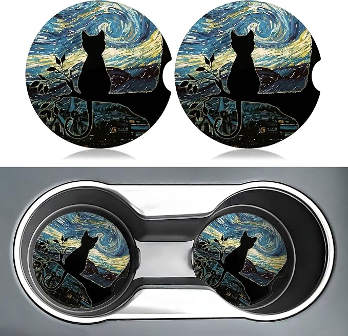 Aesthetic Black Cat Car Coasters for Cup Holders,2 Pack Car Cup Holder Coasters for Car,Ceramic Absorbent Car Coaster with A Finger Notch and Cork Base,Car Interior Accessories for Women Men