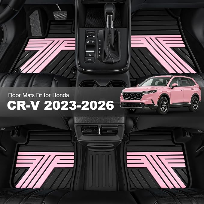 Rubber Floor Mats for Honda CR-V 2026 2025 2024 2023 (Gasoline & Hybrid) | All Weather Custom Fit Heavy Duty Car Mats for CRV, 1st & 2nd Row, Black & Pink