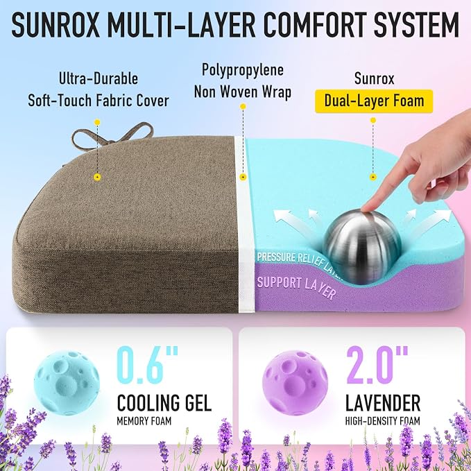 SUNROX Cooling Gel Memory Foam Chair Cushions, 2.6" Thick U-Shaped Dual-Layer Comfort Dining Chair Pads, Non Slip Seat Cushion with Ties for Indoor Kitchen Office 17"x16" Set of 4, Heather Chestnut